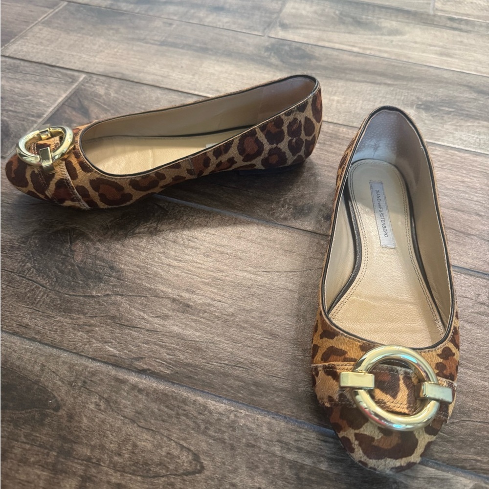 Diane Von Furstenberg Leopard Print Flats with Gold Accent